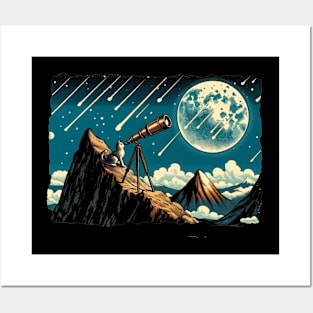 Meteor Watching Hiker Mountain Climbing Stargazing Cat Posters and Art